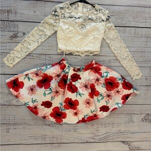 Be Darlin Floral Skirt White Lace Top Two Piece Prom Homecoming Dress Size 1/2